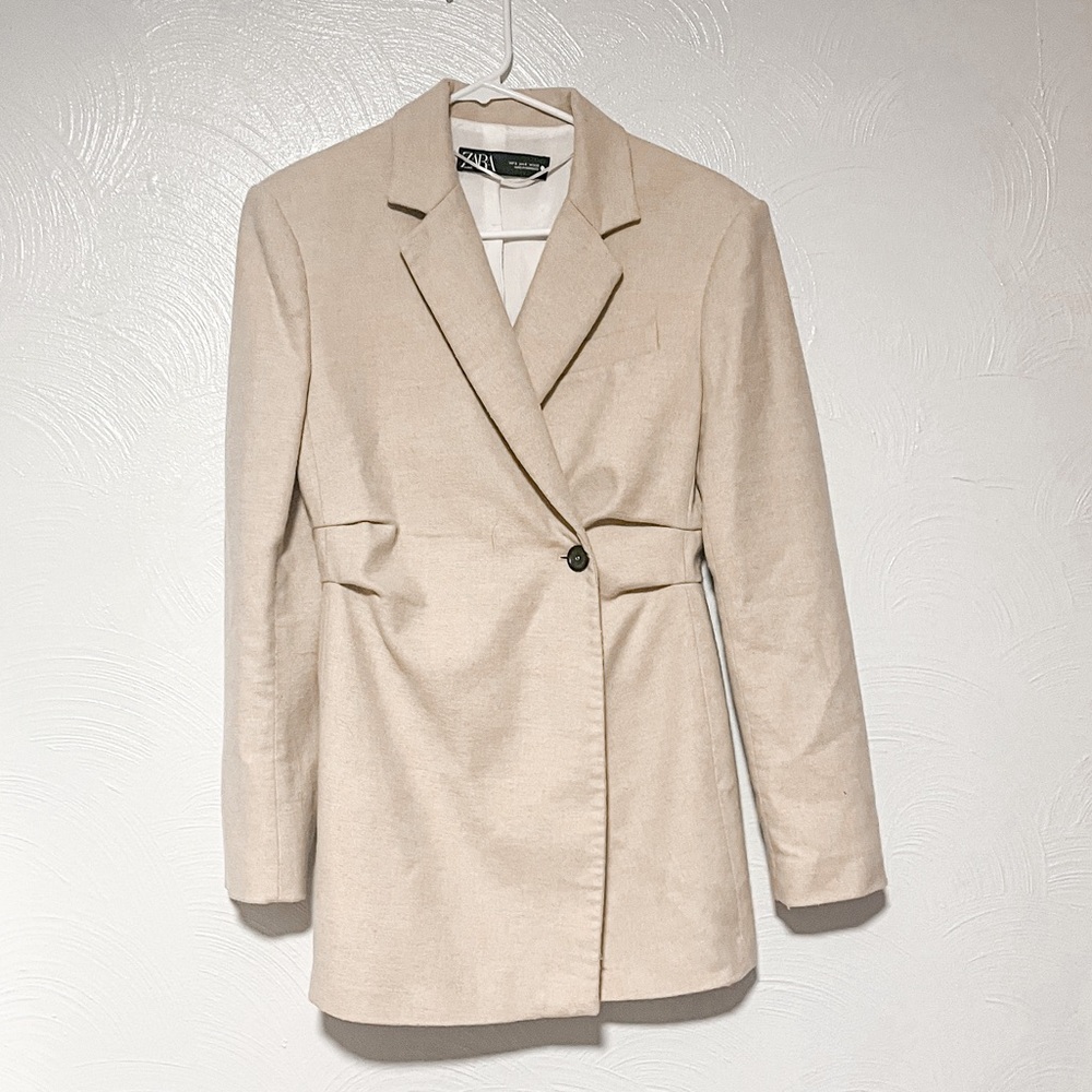 Zara Cream Blazer Fitted Long Double Breasted Wool Bl… Gem